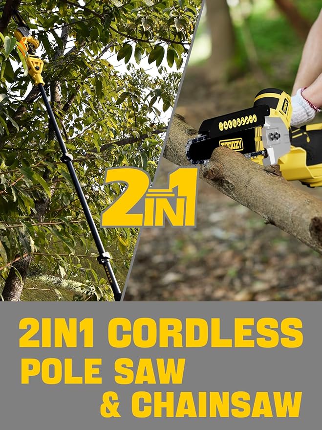 8-INCH Cordless Pole Saw, 2-IN-1 Chainsaw with 4.0Ah Battery Powered, Electric Tree Trimmer Branch Cutter with Extendable Pole, Pruning & Wood Cutting