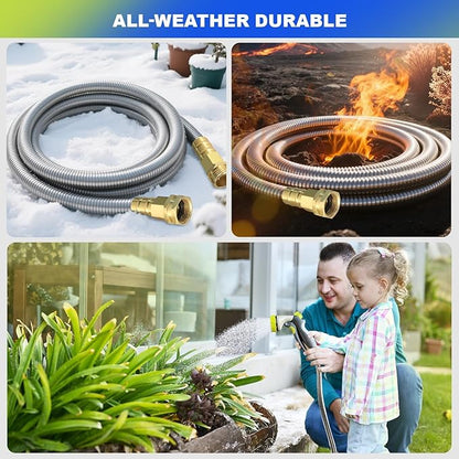 Metal Garden Hose 50 ft – 304 Stainless Steel Water Hose with Nozzle Sprayer, Garden Hoses Flexible, Lightweight, No Kink, Heavy Duty for Outdoor (50 ft)