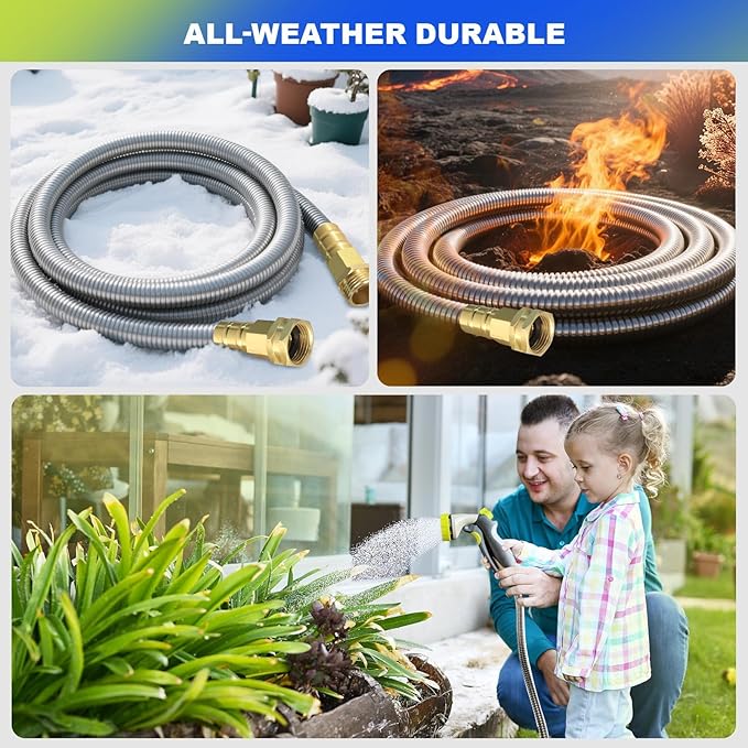 Short Metal Garden Hose 3 ft – 304 Stainless Steel Water Hose Leader, Flexible Hose Extension, Small Lightweight Hose Extender,No Kink Outdoor Hose (3 ft)