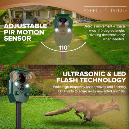 Solar Ultrasonic Animal Repeller Outdoor – Motion Sensor Activated Deer Repellent with Flashing Lights & Sound, IP65 Waterproof, Deterrent for Cats, Dogs, Raccoons, Skunks, Birds