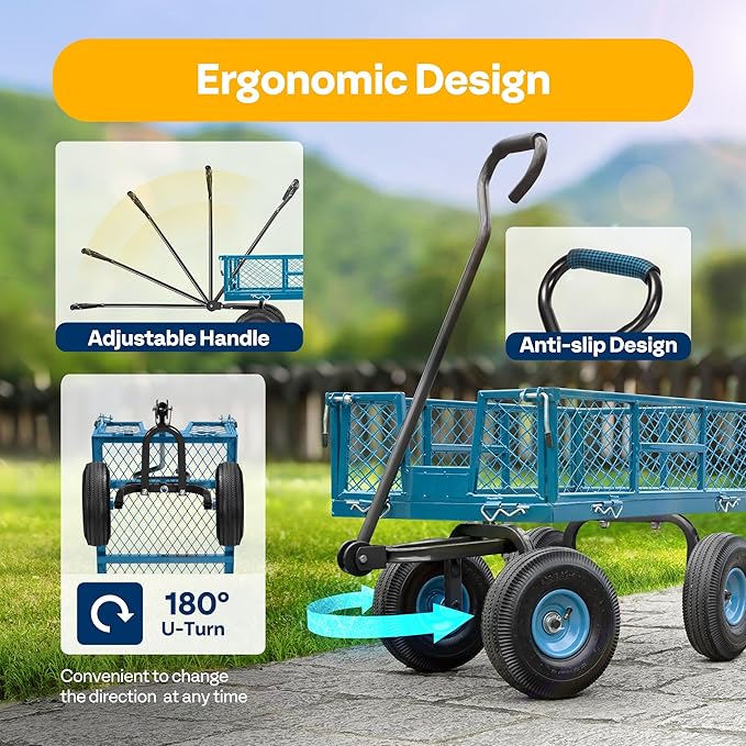 VIVOHOME Heavy Duty 880 Lbs Capacity Mesh Steel Garden Cart Folding Utility Wagon with Removable Sides and 4.10/3.50-4" Wheels 10 inch Tire (Blue)