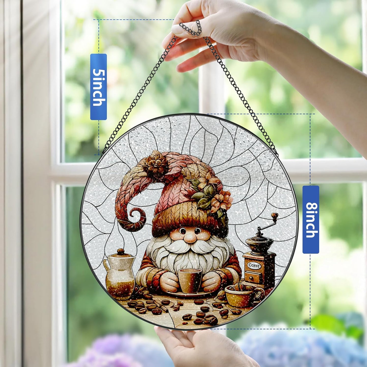 Stained Glass Window Hanging, Pauyadu Charming Gnome Sun Catchers, Stained Glass Suncatcher, Gnome Decor Gifts for Women, Mom, Grandma, Wife - 8 Inch