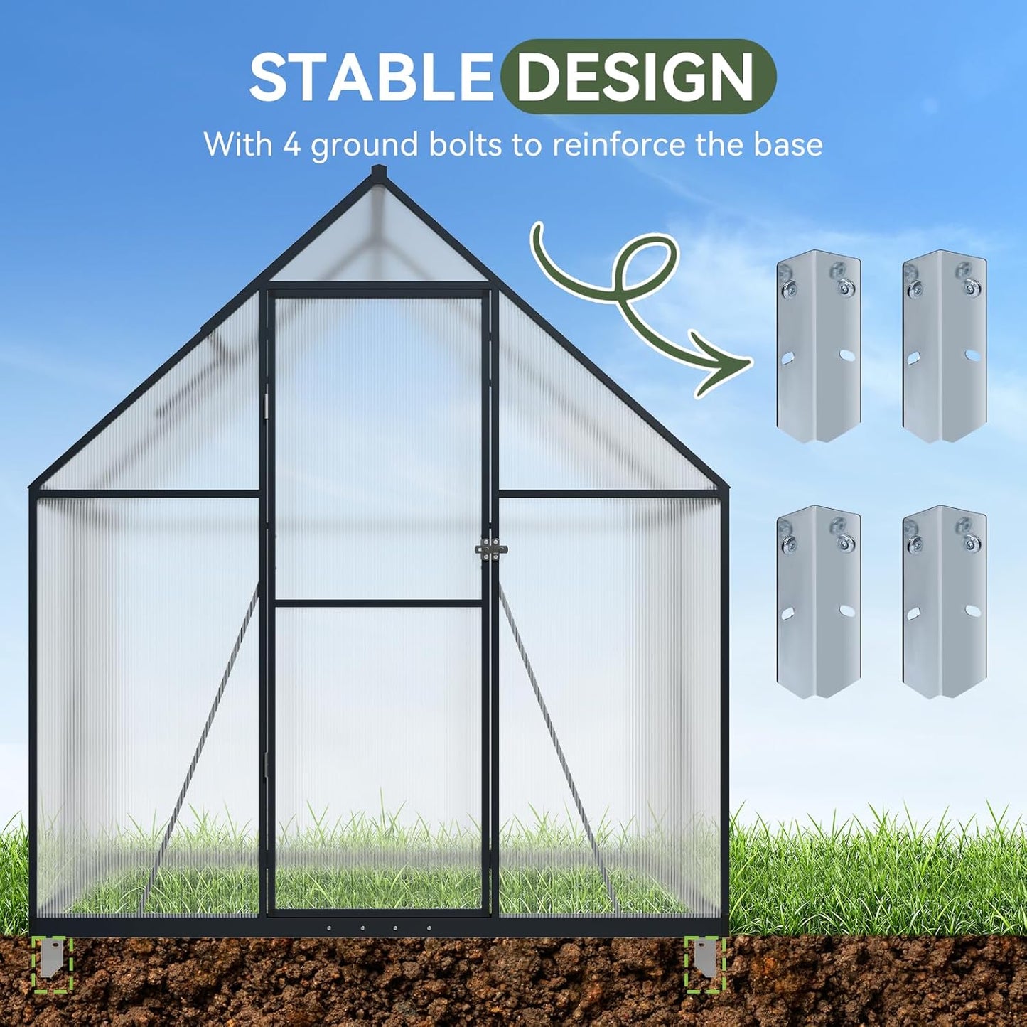 Aoxun 4x6 FT Outdoor Greenhouse, Polycarbonate Greenhouse with Aluminum Frame, Walk-in Green House with Roof Vent, Ground Nails, Lockable Door for Garden Backyard, Patio, Lawn,Quick-Installation