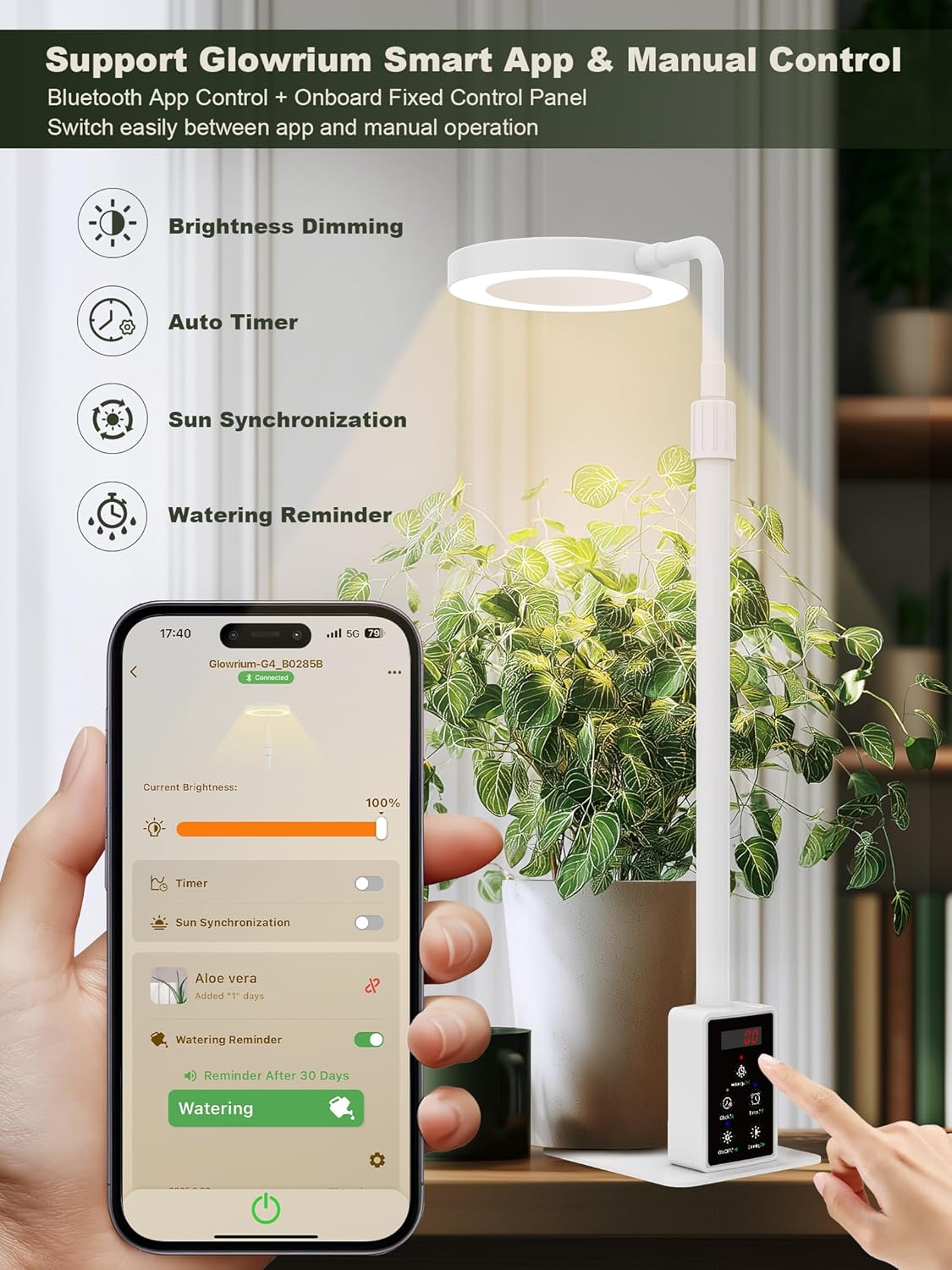 GLOWRIUM Smart LED Grow Lights for Indoor Plants, Desk Plant Light with Bluetooth App Control, 8W Full Spectrum Grow Lamp, Height Adjustable 16"-23", Auto Timer, Watering Reminder for Small Plants