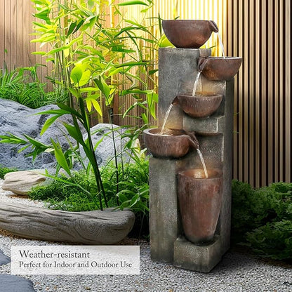 SunJet 5-Tier Cascading Indoor/Outdoor Water Fountain with LED Lights - 39.7" High Large Waterfall Floor Standing Fountain for Garden, Patio, Yard, and Deck Decor - Relaxing Outdoor Water Feature