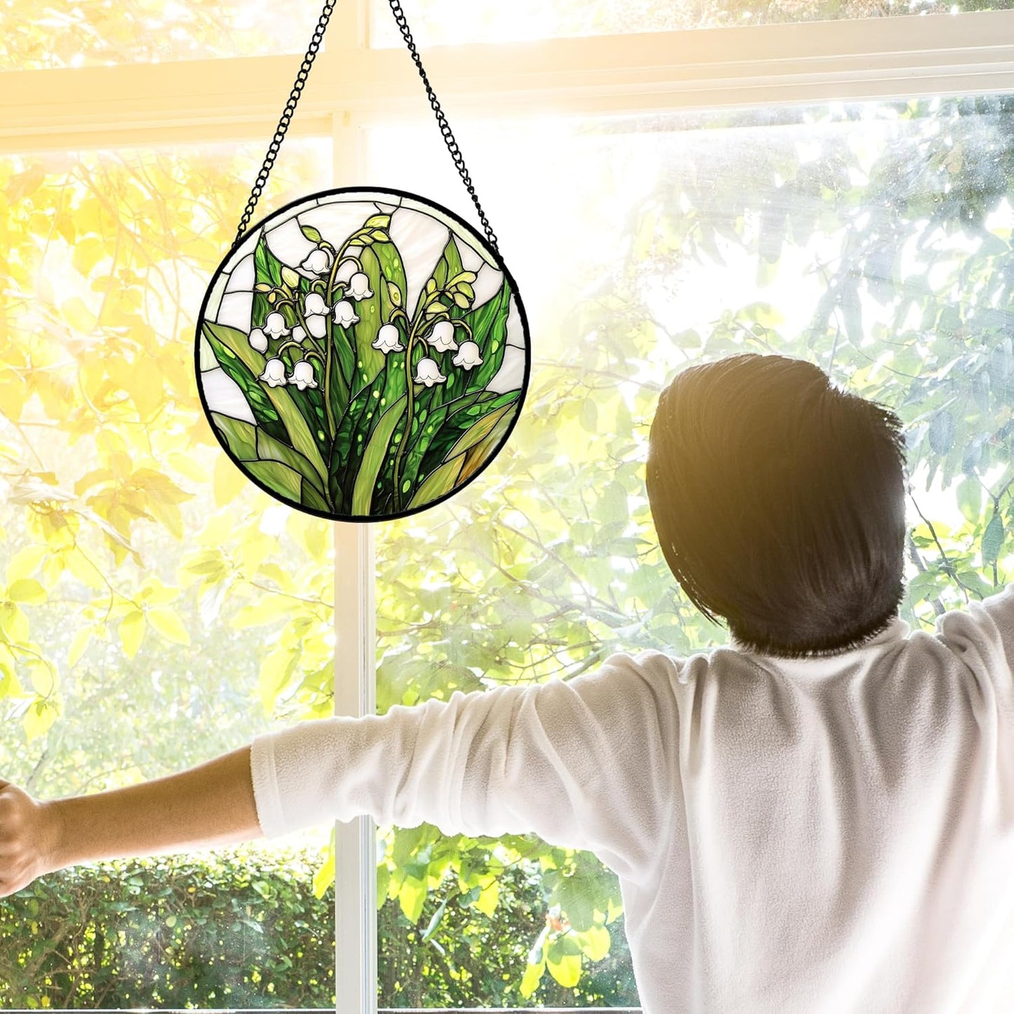 Stained Glass Window Hanging, Lily of The Valley Flower Sun Catchers Colorful Glass Panel Green Plants Suncatcher Decor for Birthday for Women,Men,Wife, Lovers, and Mom 6.3 in