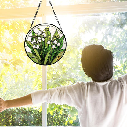 Stained Glass Window Hanging, Lily of The Valley Flower Sun Catchers Colorful Glass Panel Green Plants Suncatcher Decor for Birthday for Women,Men,Wife, Lovers, and Mom 6.3 in