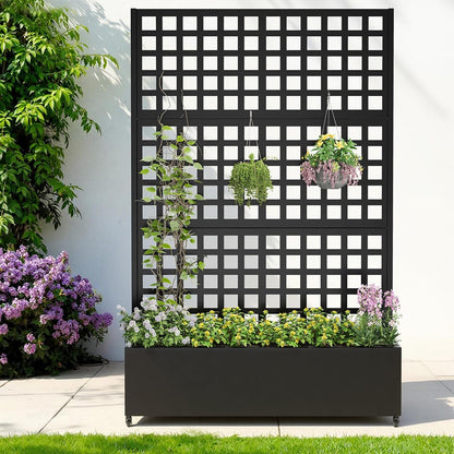 Metal Raised Garden Bed with Trellis & Wheels,72" x 47"x 15.7" Planter Box with Trellis,Privacy Planters for Patio,Garden Bed for Climbing Plants,Suitable for Climbing Plants and Vegetables,Black