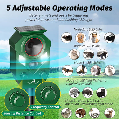 Solar-Powered Ultrasonic Animal Repellent with Motion Sensor, Waterproof Deer Repellent Device with LED Flashing Lights, Perfect for Outdoor Yards, Effective to Repel Deer, Coyotes, Raccoons, and Cats