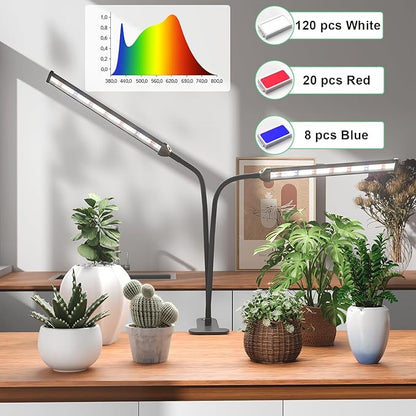 GooingTop Grow Light LED Gooseneck Lamp,Dual-Head White Full Spectrum 148 LED Plant Lamp with Red Blue Light Clip-on Desk for Indoor Plants Growing,Diming & Auto Timer