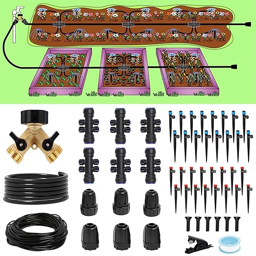 233FT Drip Irrigation System Kit with Quick-Connect System,33FT 1/2" Mainline & 200FT 1/4" Tubing,Brass Y-Type Splitter,Adjustable Nozzle Types.Efficient Sprinkler System Kit