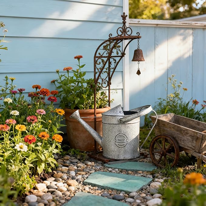 Vintage Galvanized Metal Watering Can - Rustic Farmhouse Design Watering Pot, Garden Decorative Planter for Home Patio Outdoor Wedding Party Decor