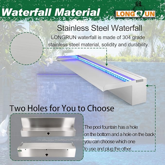 LONGRUN Stainless Steel Waterfall Spillway, APP Control Multi-Color LED Light Outdoor Pool Fountain, Water Spillway Koi Pond Waterfalls Fountains Kit for Garden Patio Swimming Pool Decoration-23.6"