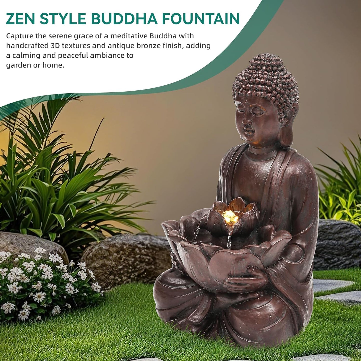 18.9" H Buddha Outdoor Water Fountain with LED Lights and Pump,Zen Style Relaxing Garden Fountain Waterfall for Patio, Porch, or Yard, Faux Bronze