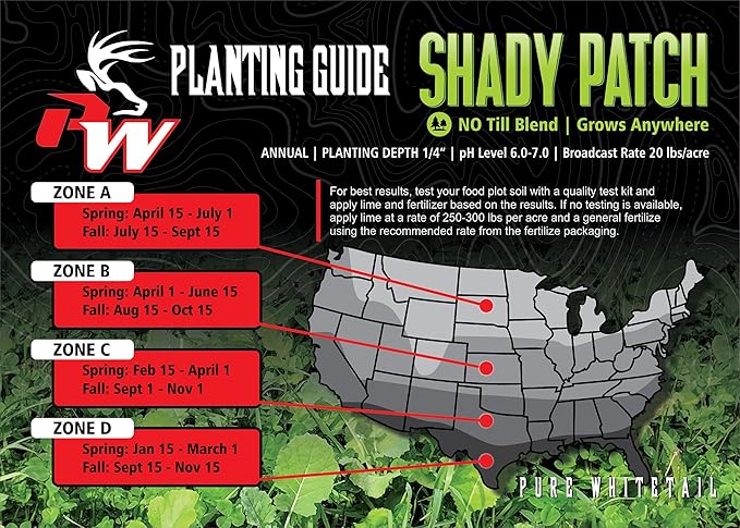 Shady Patch | All Year Deer Feeder | No Plow Food Plot Seed for Deer | Deer Food Plot Seed | White Clover Winfred Forage Brassica Rye Grass Rape Seeds | Plants 1/4 Acre | 5 lb Bag