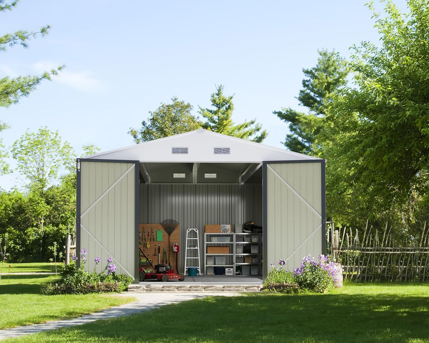 Greesum 10x10FT Outdoor Storage Shed, Utility Tool Shed Metal Storage Garden Shed with Door & Lock for Patio Storage, Gray
