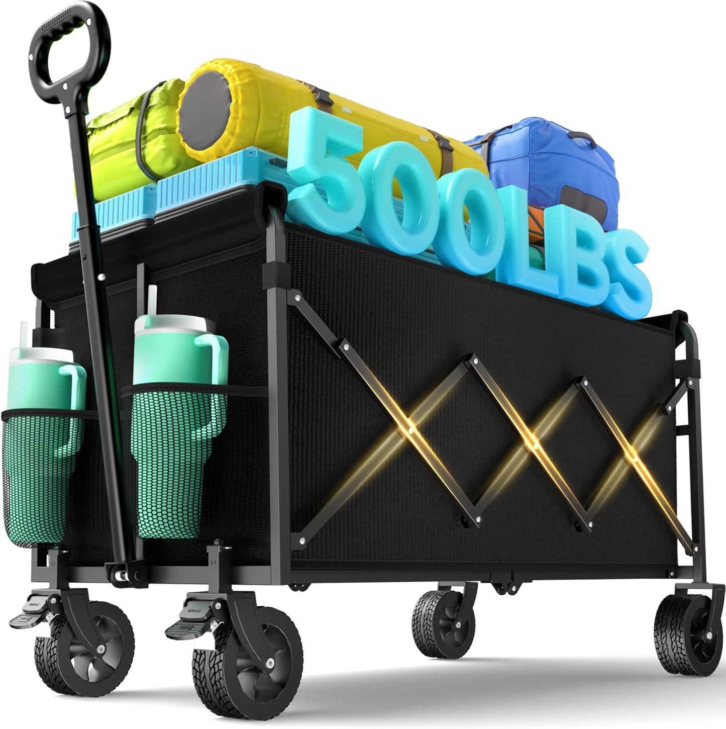 Wagons Carts Foldable Collapsible Foldable Extended Wagon with 500lbs Weight Capacity, Heavy Duty Folding Utility Garden Cart with Big All-Terrain Beach Wheels & Drink Holders