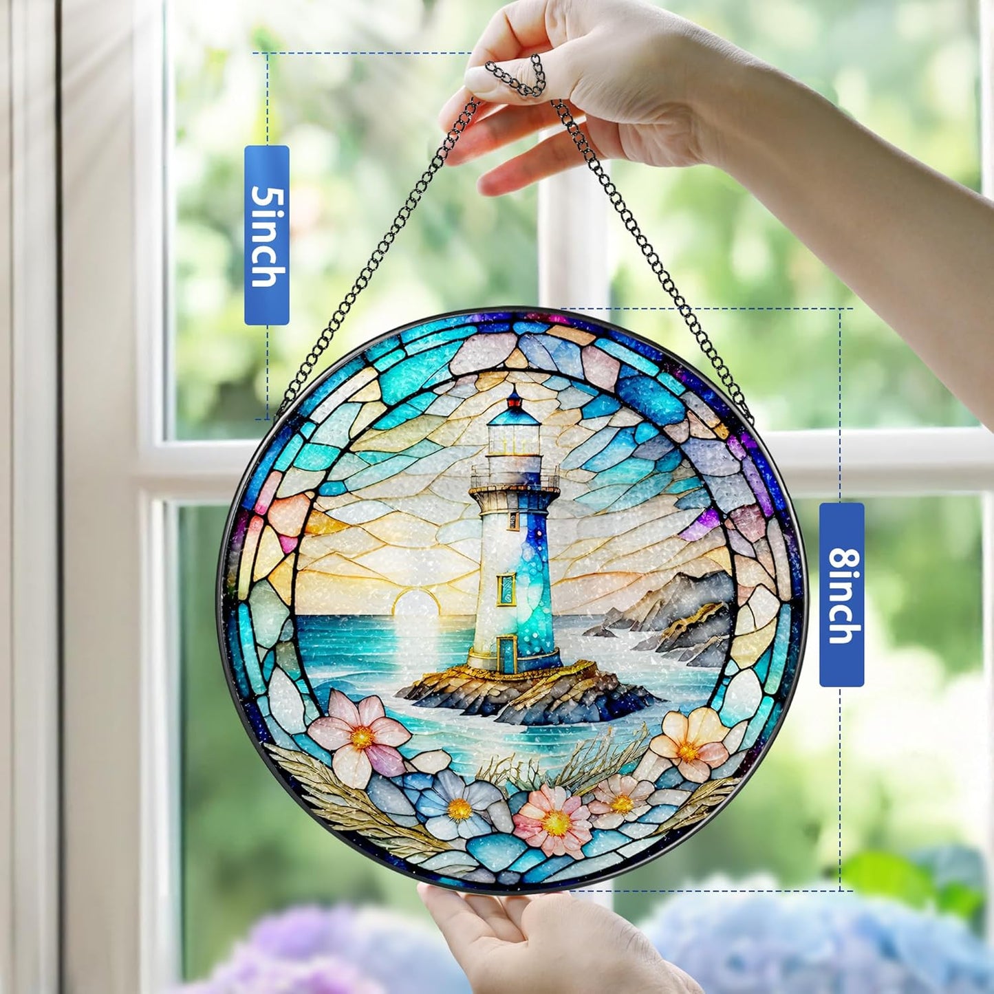 Stained Glass Window Hanging, Pauyadu Lighthouse Sun Catchers, Stained Glass Suncatcher, Lighthouse Decor Gifts for Women, Men, Lovers, Friend, Family and Partners- 8 Inch