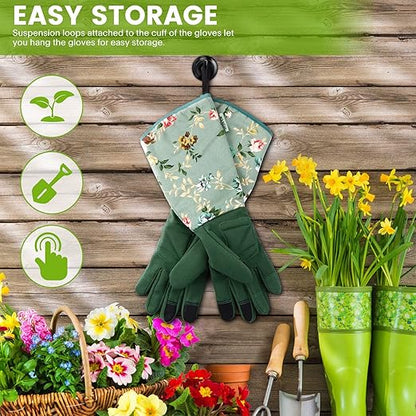 Gardening Gloves, Durable and Comfortable Women's Long Garden Gloves for Gardening Work and Yard Work, Leather Gardening Gloves for Women, Green Print (Medium)