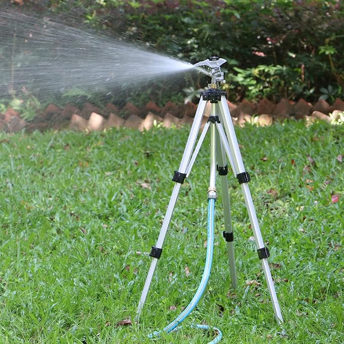 STYDDI Heavy Duty Impact Sprinkler on Tripod Base, Tall Metal Pulsating Telescoping Tripod Sprinkler for Large Area, Yard, Lawn, Garden, Waters up to 70 Ft. Diameter, Legs Extends Up to 36-inch