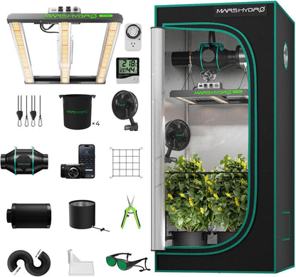 MARS HYDRO 3x3 Smart Grow Tent Kit Complete System,150W FC1500 Samsung LM301H Grow Light,App Dimming Control,1680D High Reflective Mylar,with Smart WiFi App Control Ventilation System,10 Speed Fan