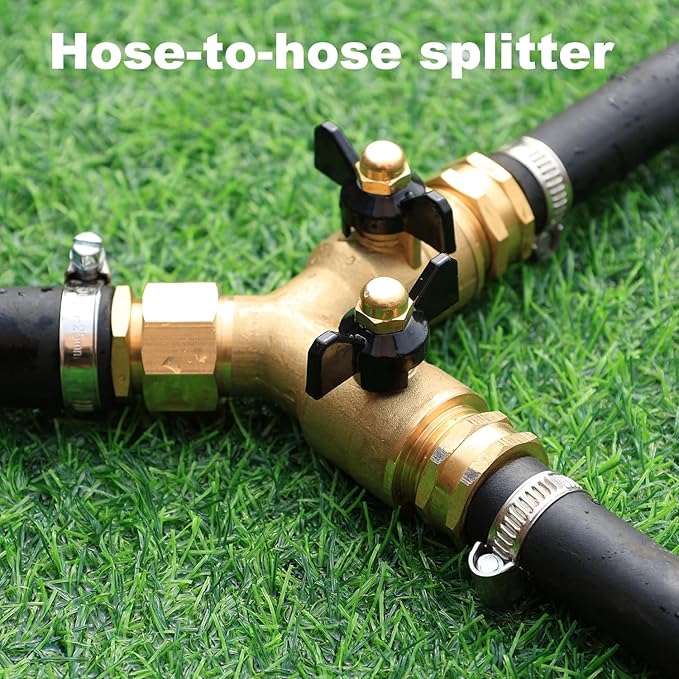 Garden Hose Splitter Full Flow Splitter No Restricted-Flow Connector Heavy Duty Brass Hose y Splitter, 2 way High Flow Hose Bib Adapter with Shut Off Valves (Butterfly Handle 2PCS)
