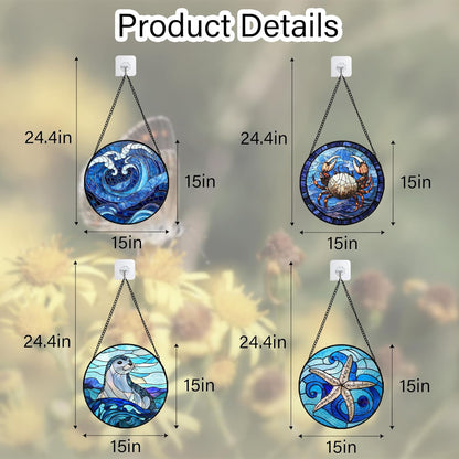 Stained Glass Window Hanging 4 Pcs Set Blue Ocean Waves Large 15" - Starfish Crab Seal Suncatcher Door Garden Sun Catcher Decor Birthday for Mom Woman Nana Men Friend
