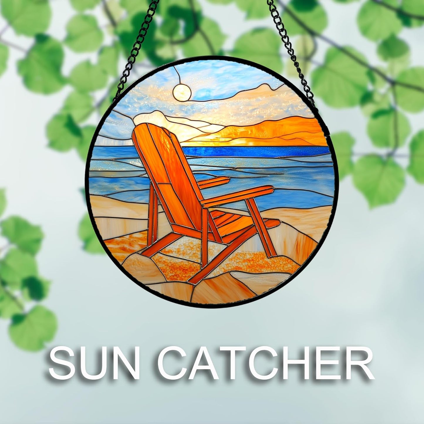 Stained Glass Window Hanging 4 Pcs Set Blue Orange Ocean Beach Theme Large 11.8" - Suncatcher Door Garden Sun Catcher Decor Birthday Christmas for Mom Woman Nana Men Wife