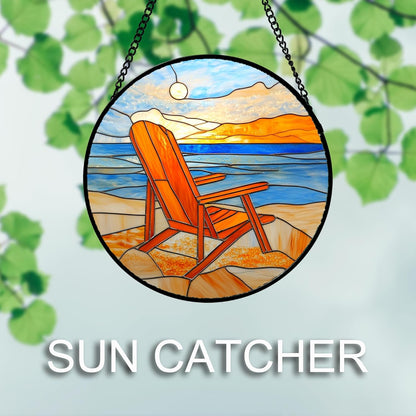 Stained Glass Window Hanging 4 Pcs Set Blue Orange Ocean Beach Theme Large 11.8" - Suncatcher Door Garden Sun Catcher Decor Birthday Christmas for Mom Woman Nana Men Wife