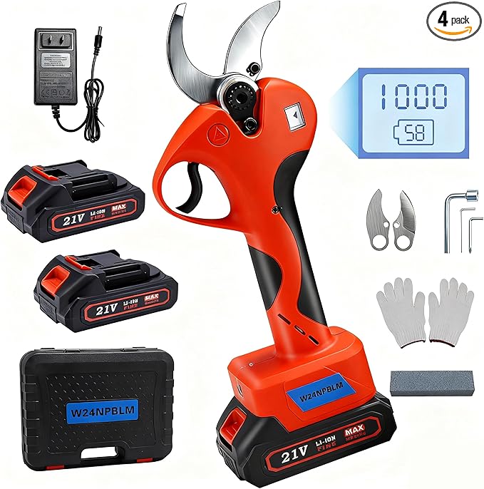 Electric Pruning Shears，2 inches (50mm) Cutting Diameter，Cordless Pruning Shears with LCD Display，2pcs 2000mAh Rechargeable Lithium Battery, 2pcs Upgraded SK5 blades