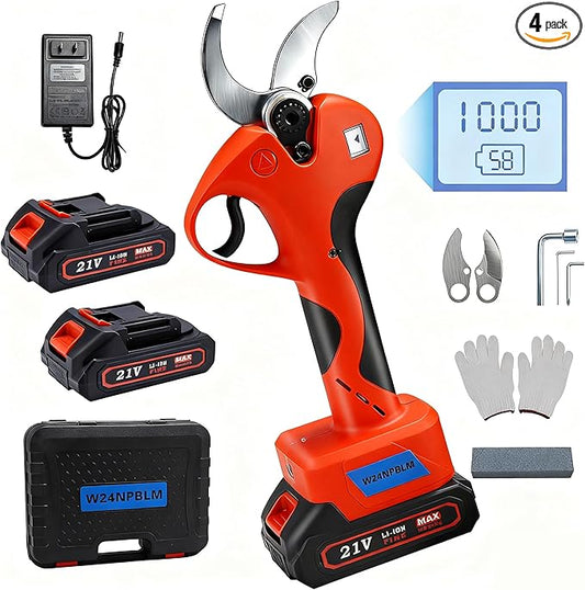 Electric Pruning Shears，2 inches (50mm) Cutting Diameter，Cordless Pruning Shears with LCD Display，2pcs 2000mAh Rechargeable Lithium Battery, 2pcs Upgraded SK5 blades
