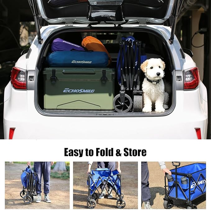 EchoSmile Collapsible Folding Wagon Cart 360lbs, Heavy Duty Garden Utility Cart with All Terrain Wheels, Large Capacity Outdoor Wagon for Camping, Beach, Shopping, Picnic (Blue)