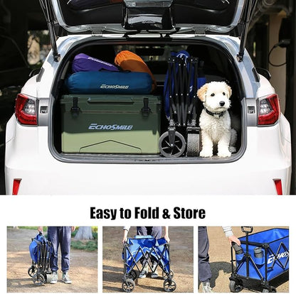EchoSmile Collapsible Folding Wagon Cart 360lbs, Heavy Duty Garden Utility Cart with All Terrain Wheels, Large Capacity Outdoor Wagon for Camping, Beach, Shopping, Picnic (Blue)
