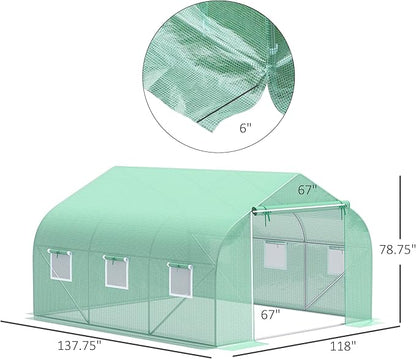 Outsunny 12' x 10' x 7' Outdoor Walk-in Greenhouse, Tunnel Green House with Roll-up Windows, Zippered Door, PE Cover, Heavy Duty Steel Frame, Green