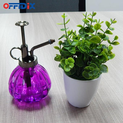 OFFIDIX Glass Watering Spray Bottle, 6.3" Tall Vintage Style Plant Mister with Bronze Plastic Top Pump One Hand Watering Can Glass Spary Bottle (Dark Purple)