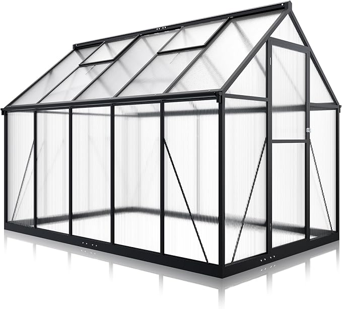 6x9 FT Quick Setup Polycarbonate Greenhouse with Roof Vent, Large Aluminum Walk-in Green House for Outdoor Garden Backyard, Black