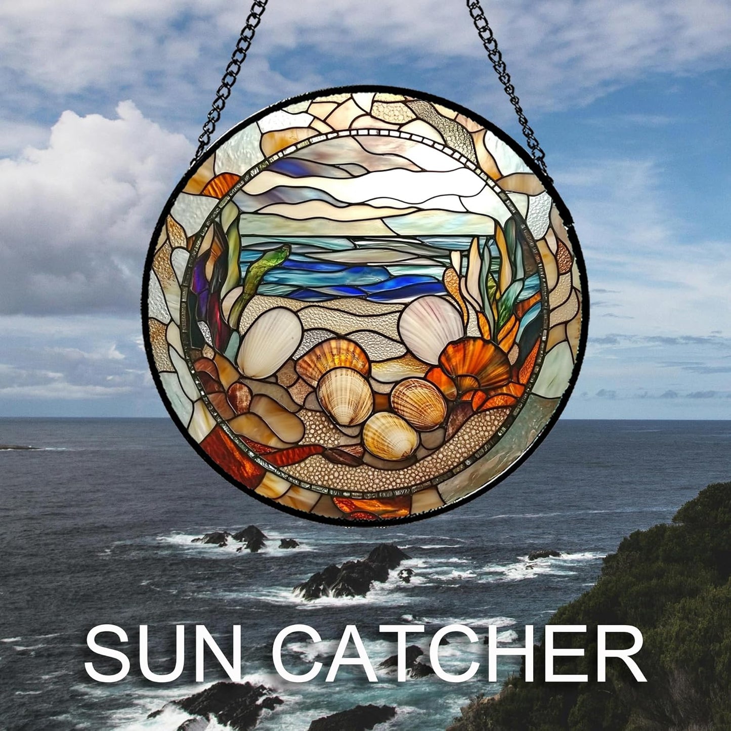 Stained Glass Window Hanging Conch Shells Ocean Seaweed Large 15" - Suncatcher Door Garden Sunroom Sun Catcher Home Decor Housewarming Birthday for Mom Grandma Men Woman