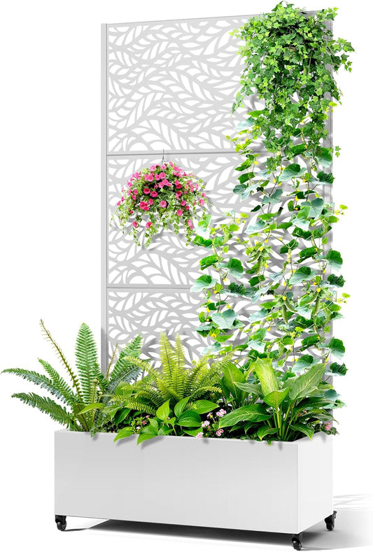 Metal Raised Garden Bed with Trellis, 2-in-1 Planter Box & Privacy Screen for Climbing Plants, Outdoor Standing Flower Bed with Drainage Holes, 35.4" L x 15.7" W x 70.1" H, White-Spring