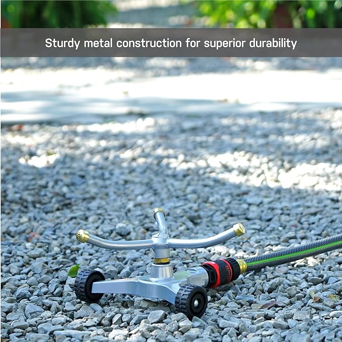 Eden 94129 Metal 3-Arm Revolving Sprinkler on Wheel Base W/Quick Connect Starter Set, Heavy Duty, Garden Hose Sprinkler, Lawns, Circular, Coverage up to 1390 sq.ft
