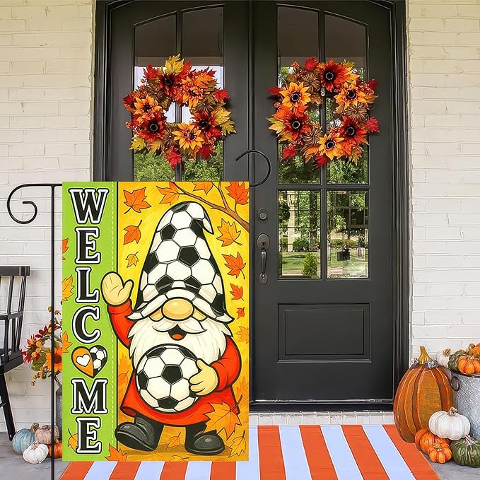 Thanksgiving Fall Garden Flag 12x18 Inch Welcome Gnome Flag Double Sided Outdoor Autumn Yard Banner Soccer Ball and Leaves for Porch Lawn Patio Seasonal Decor