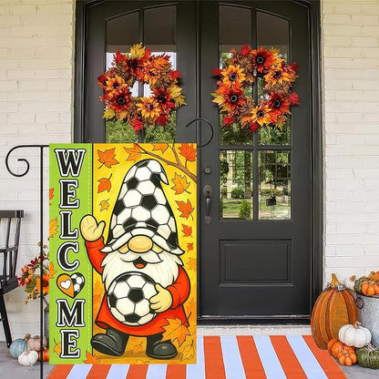 Thanksgiving Fall Garden Flag 12x18 Inch Welcome Gnome Flag Double Sided Outdoor Autumn Yard Banner Soccer Ball and Leaves for Porch Lawn Patio Seasonal Decor