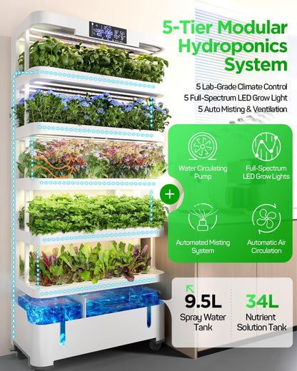 Woolooloo Large Hydroponics Growing System Kit, 5-Tier Indoor Herb Garden with Smart Climate Control, Auto Misting, Full Spectrum Grow Light, Vertical Hydroponic System for Home or Commercial