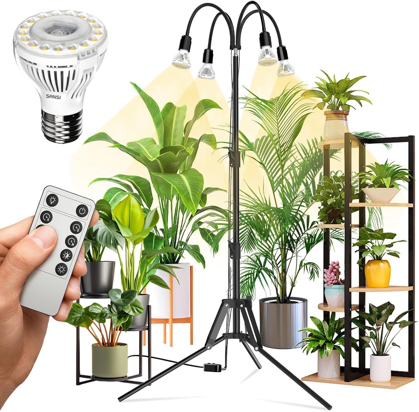 SANSI Grow Lights for Indoor Plants, 4 Head Dimmable Plant Lights for Indoor Growing, 35"-64" Adjustable Tripod Stand LED Grow Light Lamp with Remote Control 4 Pack of Par20 10W Bulbs