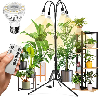 SANSI Grow Lights for Indoor Plants, 4 Head Dimmable Plant Lights for Indoor Growing, 35"-64" Adjustable Tripod Stand LED Grow Light Lamp with Remote Control 4 Pack of Par20 10W Bulbs