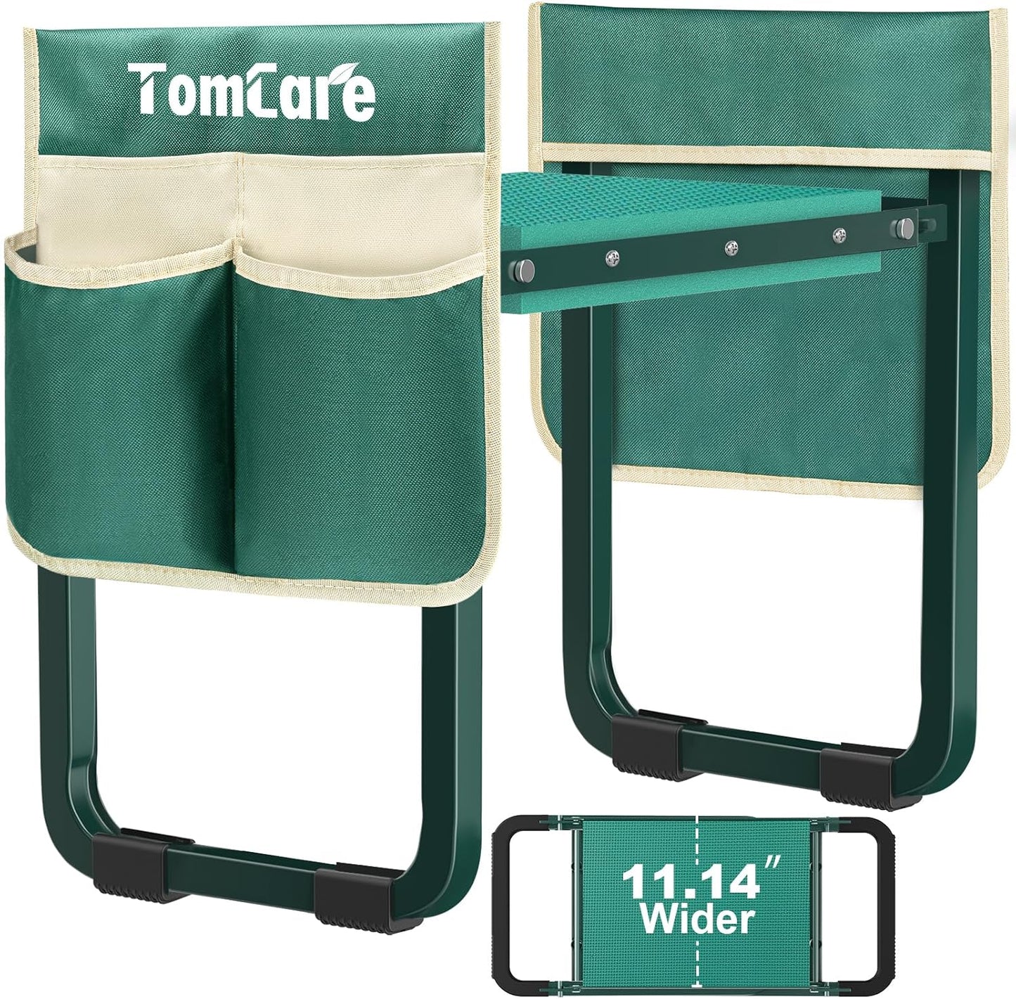 TomCare Garden Kneeler and Seat 11.14” Wider Larger Soft Kneeling Pad Garden Bench with 2 Large Tools Pouches Heavy Duty Foldable Garden Stool Gardening Gifts for Women Men Gardeners Seniors,Green