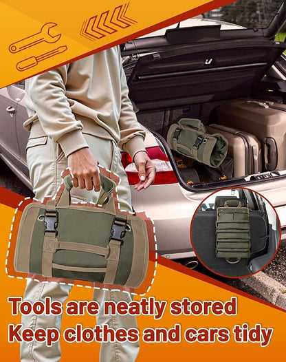 QcoQce Heavy Duty Oxford Tool Roll, Waterproof Durable Tool Bag with 6 Pockets, Tool Organizer for Garage, Vehicle Maintenance, Home Repairs, Portable Roll Up Tool Bag Gift for Men