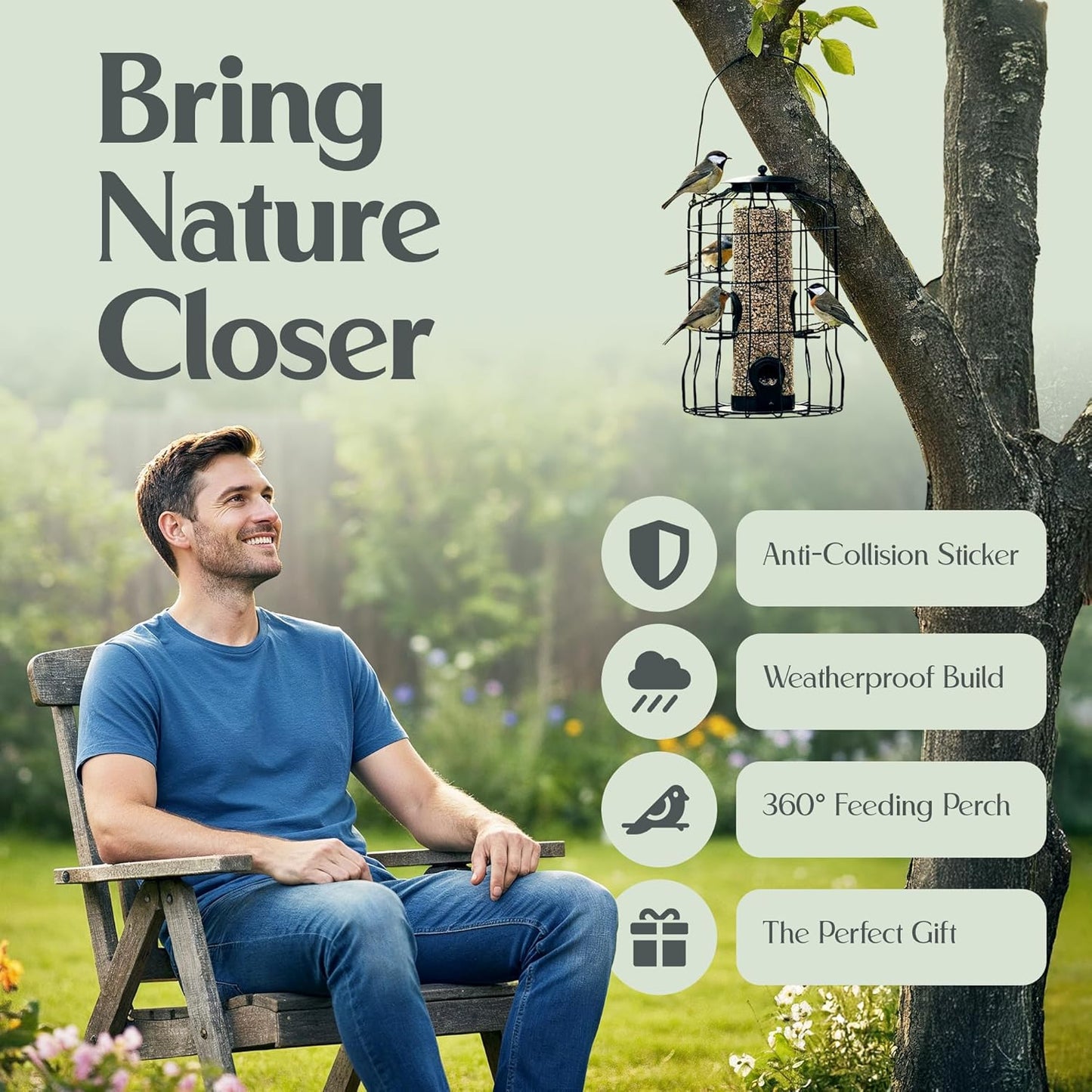 Hearts&Birds Squirrel Proof Bird Feeder with Anti Collision Sheet, Backyard Gift, Hanging Bird Feeder for Outdoors