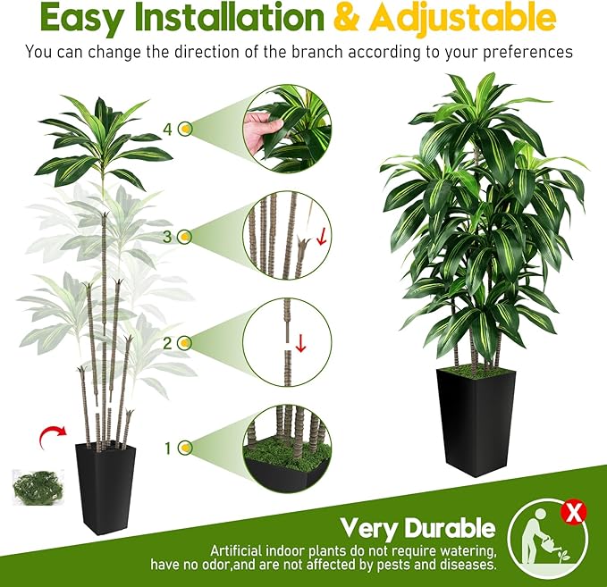 Artificial Dracaena Tree Indoor, 6FT Tall Fake Tree with Black Tall Planter, Artificial Trees Fake Yucca Potted Tree for Home Office Living Room Decor，Tall Artificial Plant for Housewarming