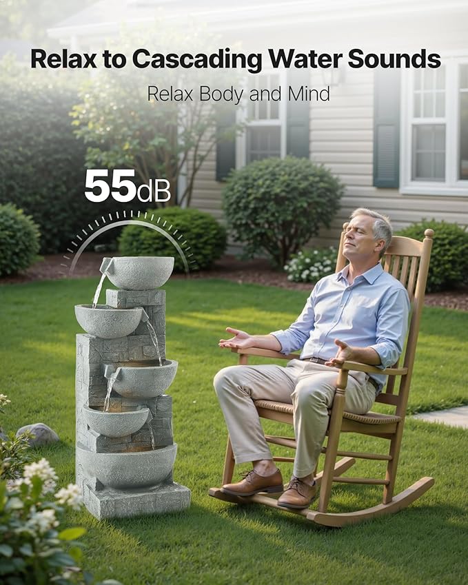 VEVOR Outdoor Water Fountain, 31.5 in Height Fountain and Waterfall, 5-Tier Floor Standing Bowl-Shaped Cascading Fountains with LED Light and Pump, for Outdoor Indoor Garden, Home, Patio & Backyard