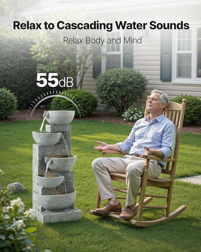VEVOR Outdoor Water Fountain, 31.5 in Height Fountain and Waterfall, 5-Tier Floor Standing Bowl-Shaped Cascading Fountains with LED Light and Pump, for Outdoor Indoor Garden, Home, Patio & Backyard